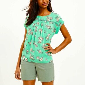Ann Taylor LOFT Georgette Floral Blouse Crochet Detail Mixed Media Dolman Sleeve